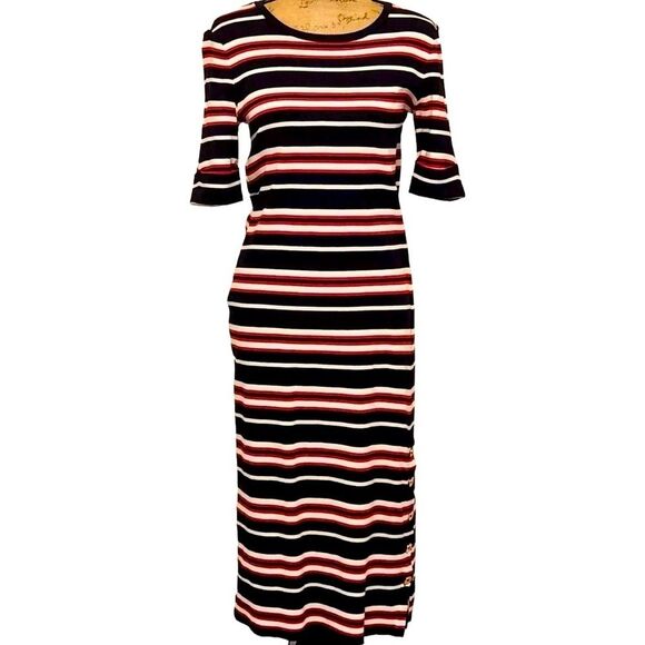 Lauren Ralph Lauren Nautical Preppy Striped Midi T Shirt Knit Dress SZ Small - Picture 1 of 16
